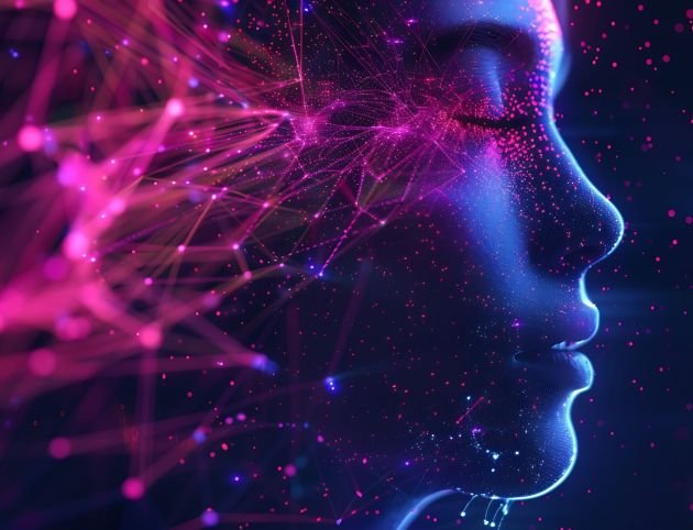 3D illustration of a female face with a glowing network of connections.